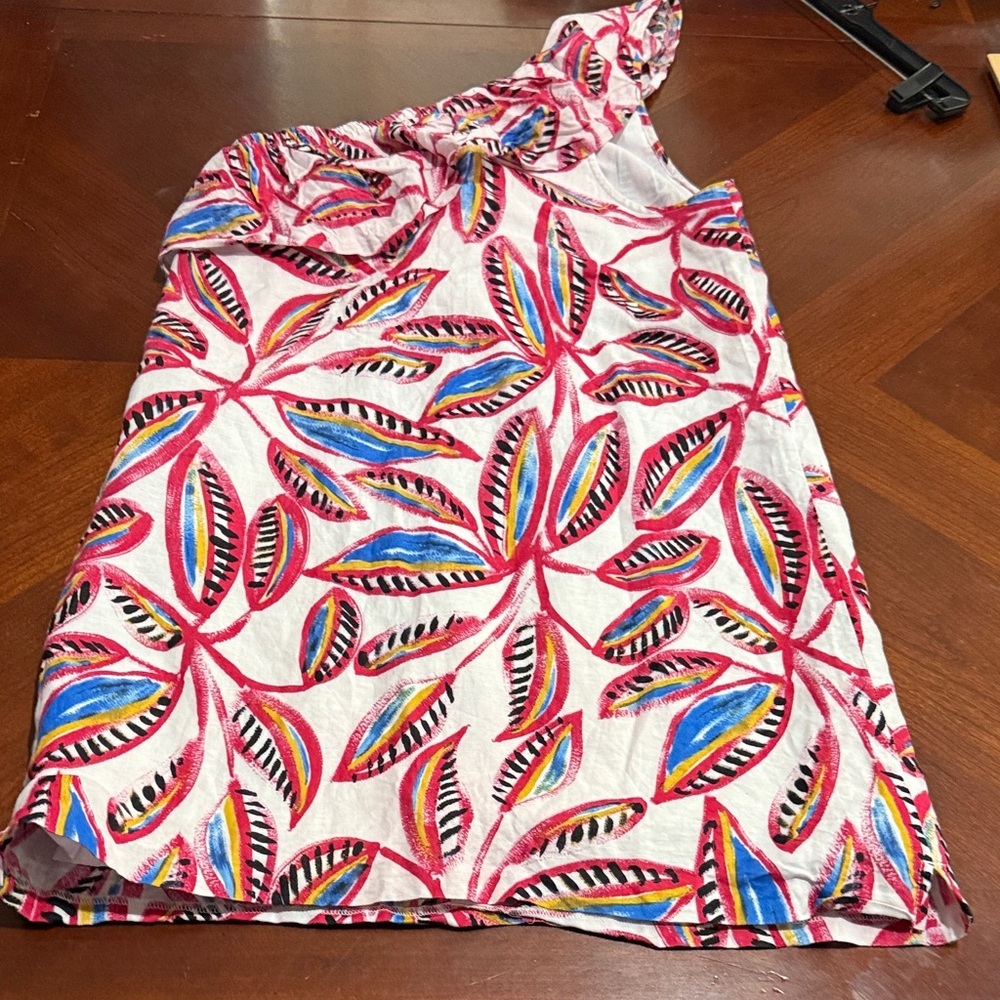 J Crew linen Colorful Leaf Print One-Shoulder Dress elastic shoulder - Picture 7 of 9